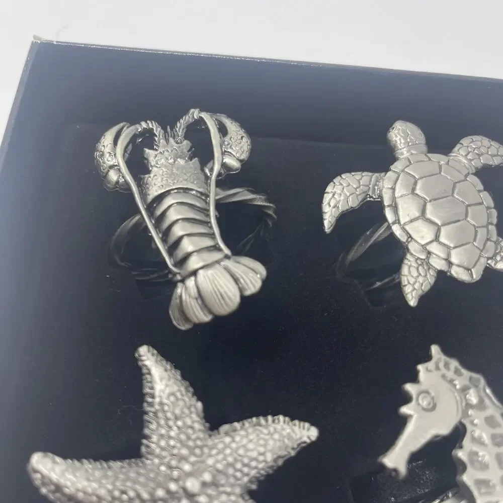 Pewter Napkin Rings Lobster Turtle Starfish Seahorse Set 4 Nautical Sealife New